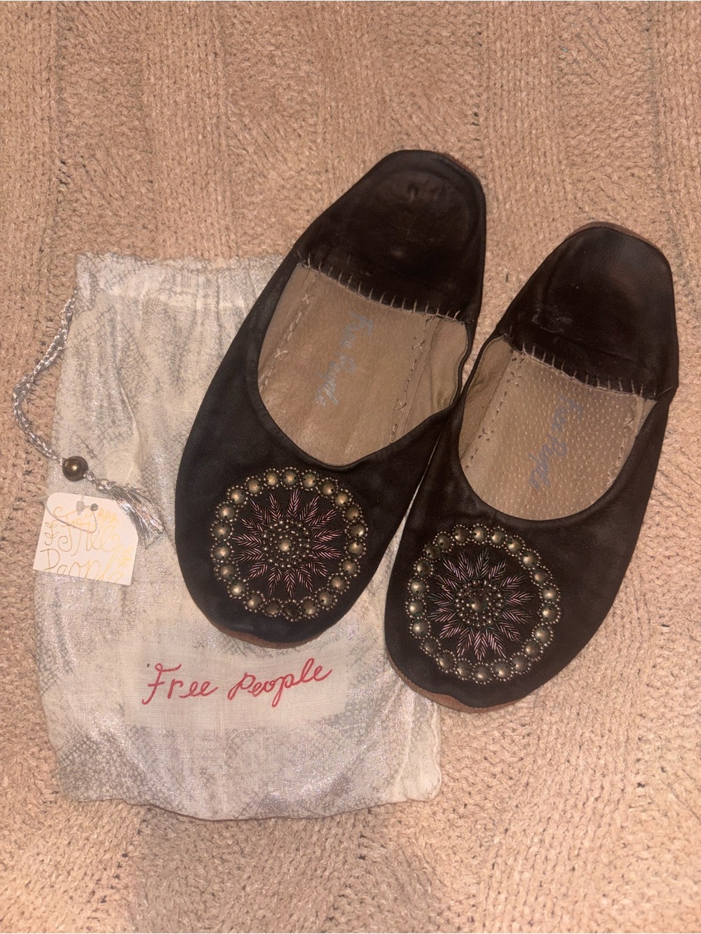 Free People Black Leather Beaded Embellished Ballet Slides Flats Size 8